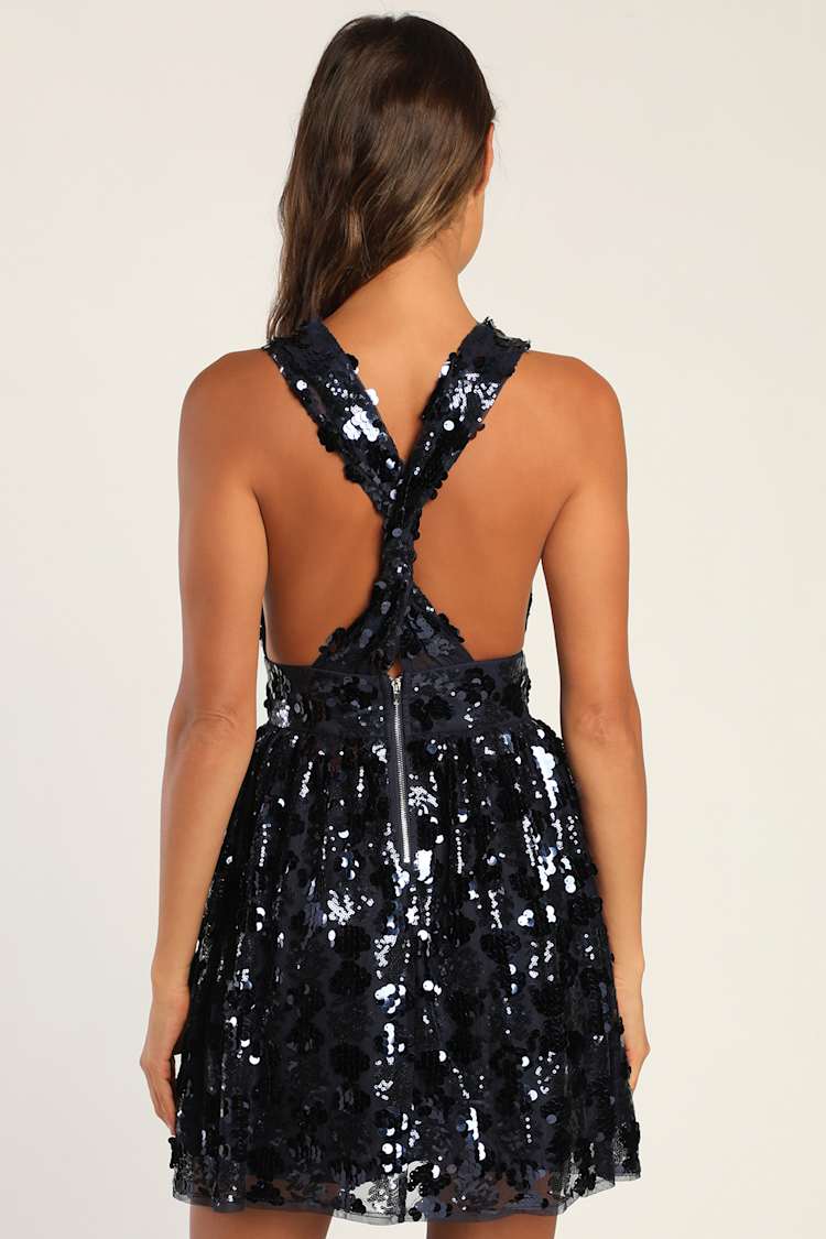Navy Blue Sequin Dress - Sequin Skater Dress - Sequin Mini Dress - Lulus
