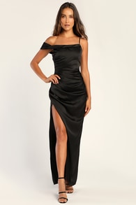 Lush Love Black Satin Asymmetrical Off-the-Shoulder Dress