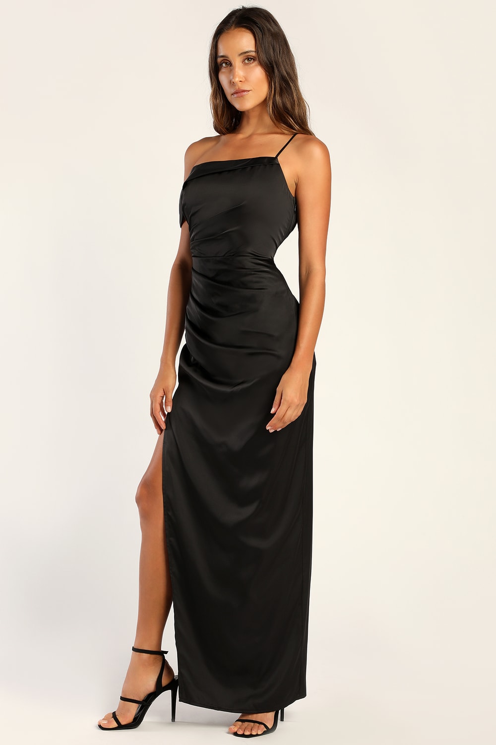 Lush Love Black Satin Asymmetrical Off-the-Shoulder Dress