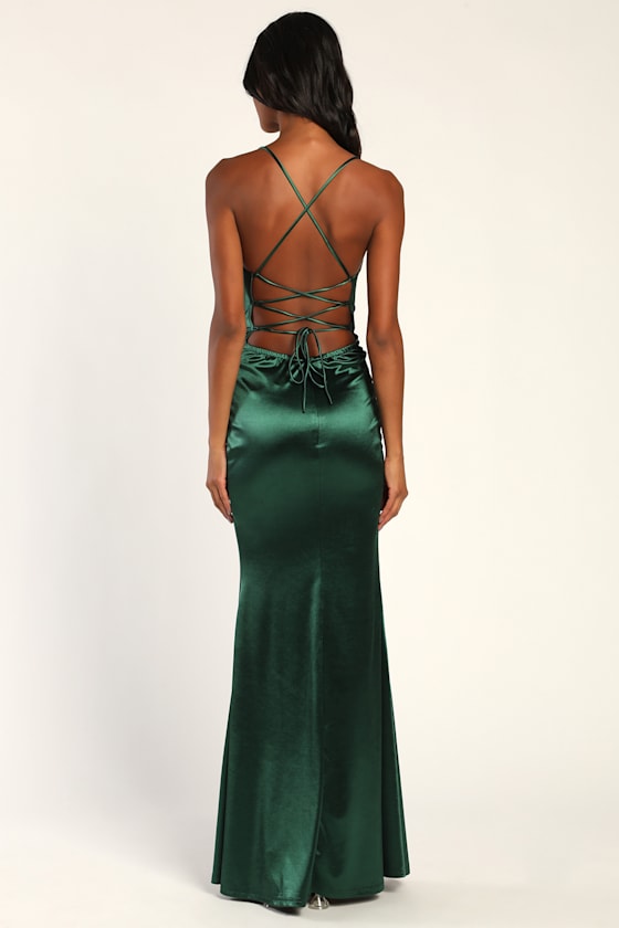 Radiant Appearance Emerald Satin Lace-Up Backless Maxi Dress 4