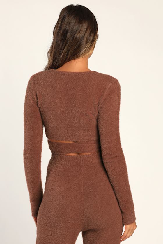 Cozier Moments Rust Brown Fuzzy Cropped Wrap Lounge Top 7