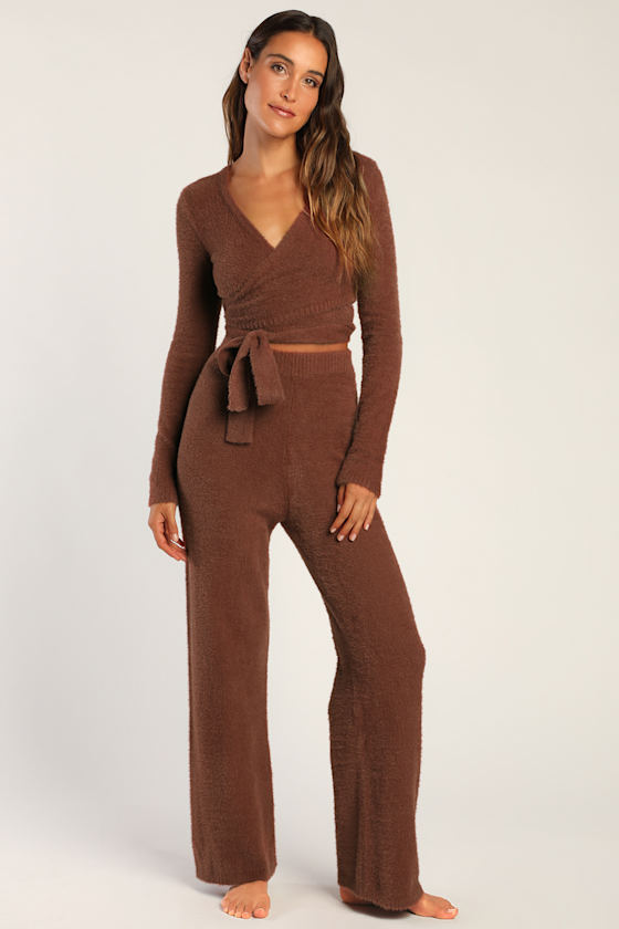 Cozier Moments Rust Brown Fuzzy Wide-Leg Lounge Pants 6