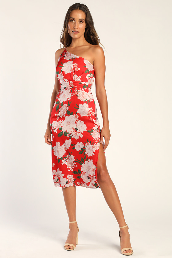Red Floral Print Midi Dress - Satin Dress - One-Shoulder Dress - Lulus