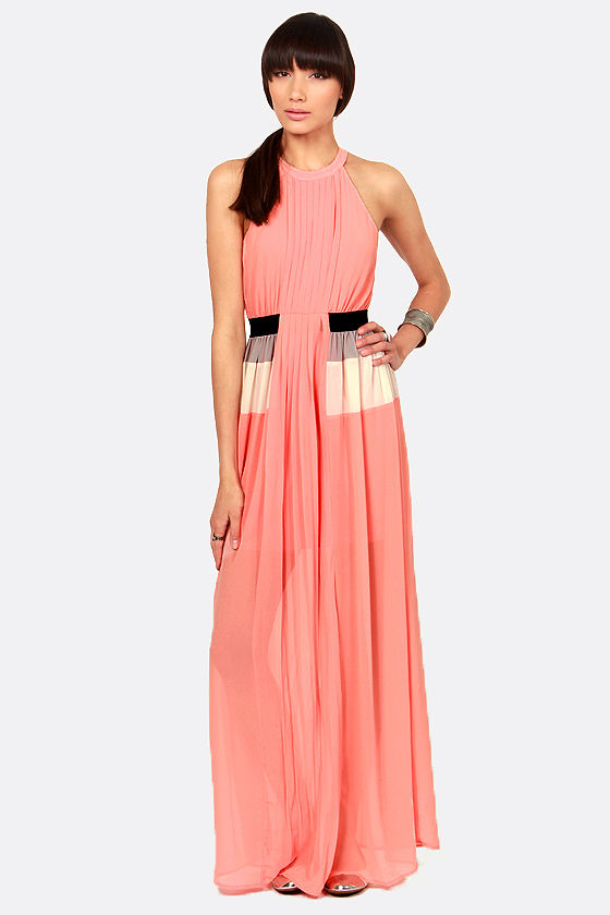 coral pleated maxi dress