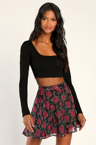 Skater Skirt Black Flower Skirt Outfit Black Floral A-line Mini