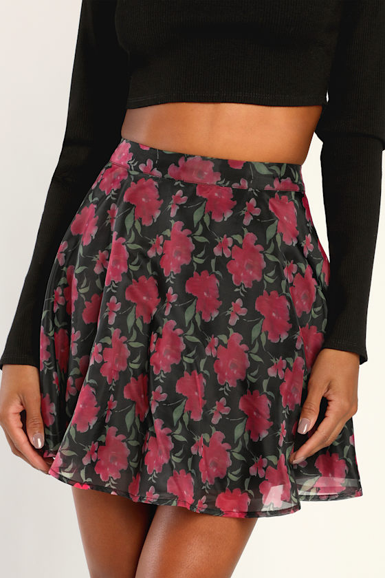Fem Florals Black Floral Print Organza Mini Skater Skirt 2