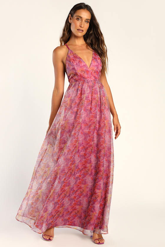 Magenta Maxi Dress - Floral Print Maxi Dress - Organza Dress - Lulus