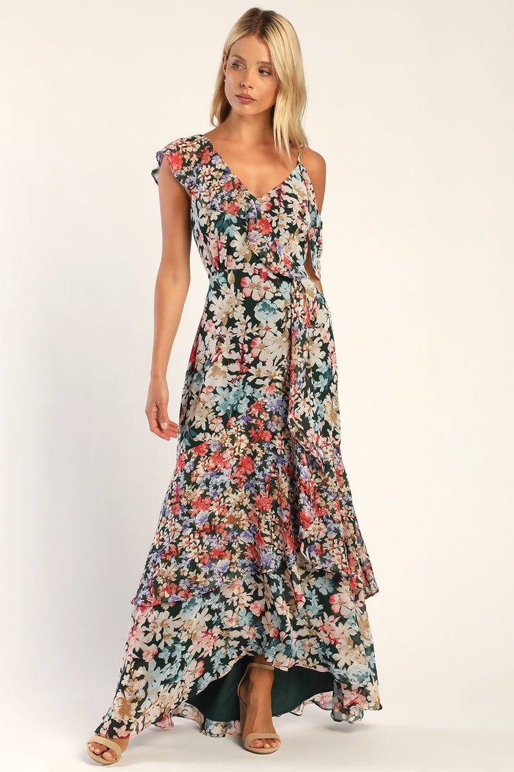 Radiant Hunter Green Floral Print Chiffon Maxi Dress