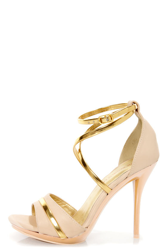 Shoe Republic LA Udell Nude and Gold Strappy Dress Sandals