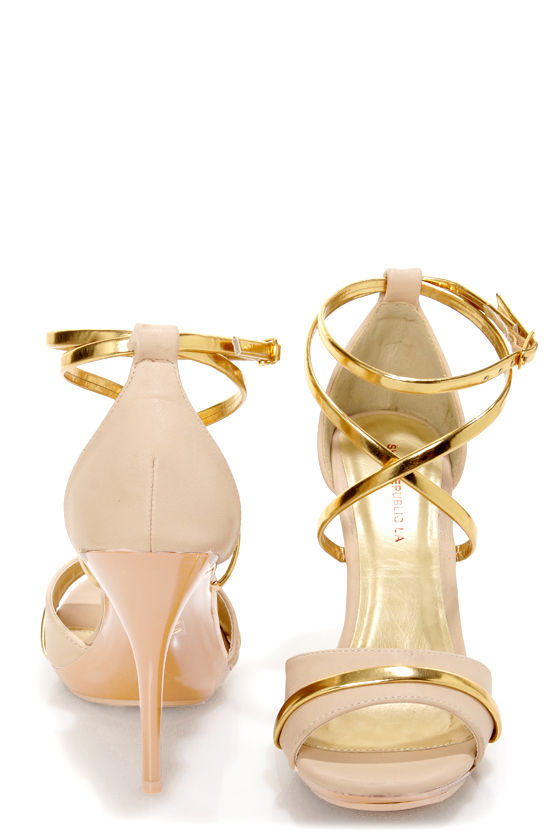 Shoe Republic LA Udell Nude and Gold Strappy Dress Sandals