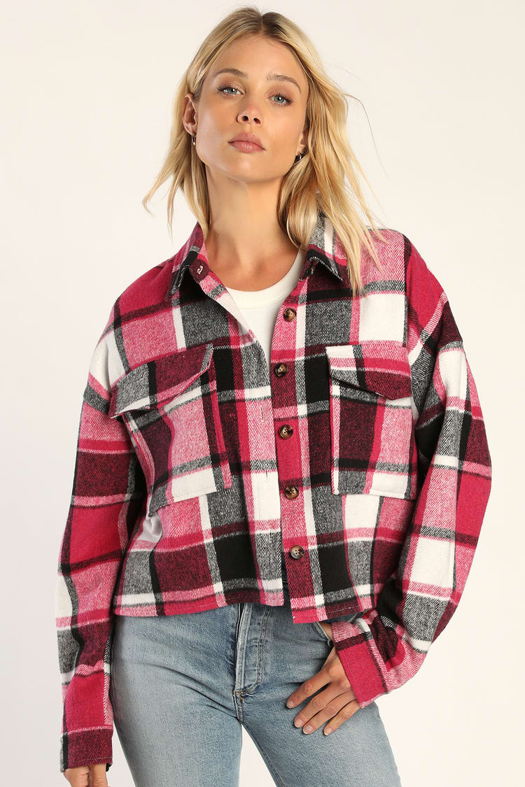 SCUSTY Women's Cropped Plaid Shacket Jacket