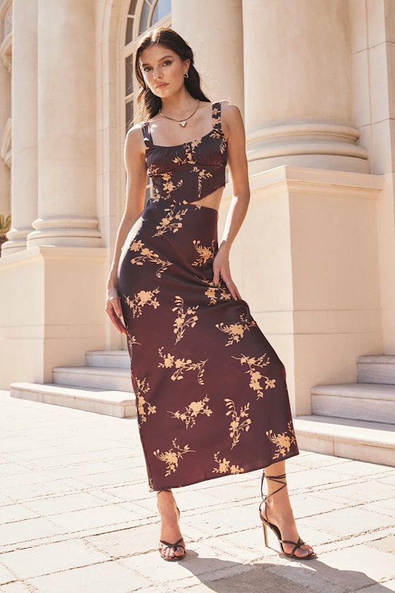 Doubly Darling Brown Floral Print Satin Midi Skirt 7