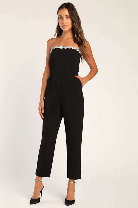 Black Strapless Jumpsuit Rhinestone Jumpsuit Cropped Jumpsuit Lulus