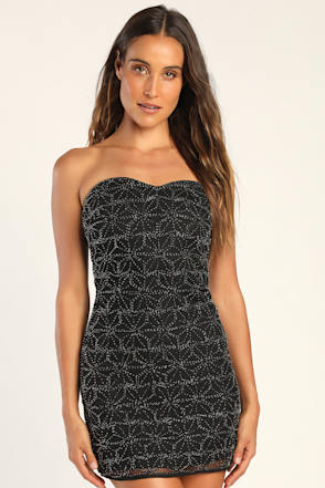 beaded mini dress black Long Sleeve Beaded Mini Dress