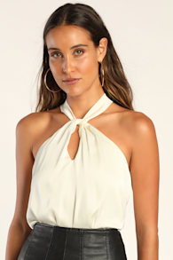 Posh Attitude Ivory Satin Knotted Halter Bodysuit 4