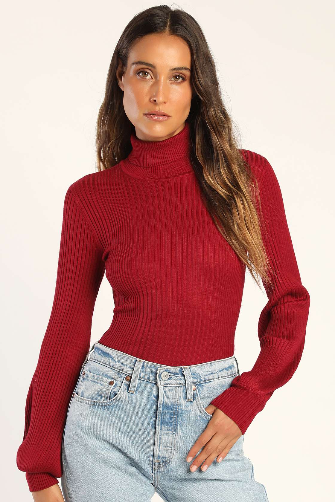 Wine Red Turtleneck Top Balloon Sleeve Top Ribbed Knit Top Lulus