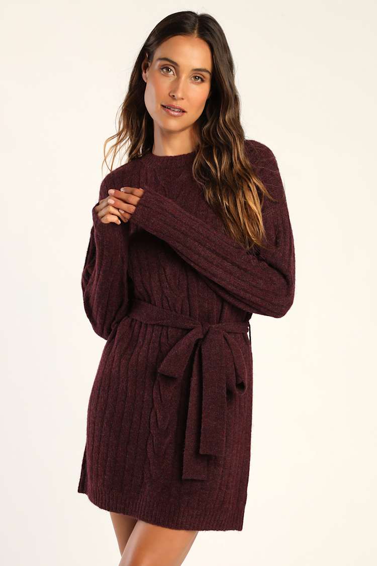 Wishing on Winter Burgundy Cable Knit Mini Sweater Dress