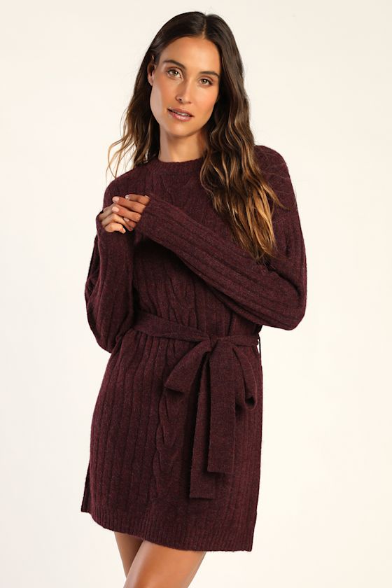 Wishing on Winter Burgundy Cable Knit Mini Sweater Dress 2