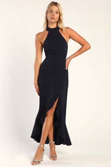 Perfect For Tonight Navy Blue Sparkly High-Low Halter Midi Dress