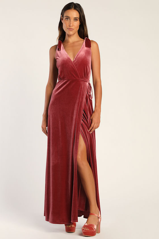 Certainly Stunning Dusty Rose Velvet Tie-Strap Wrap Maxi Dress 1