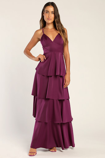 Going with Elegance Plum Purple Satin Tiered Maxi Dress 1