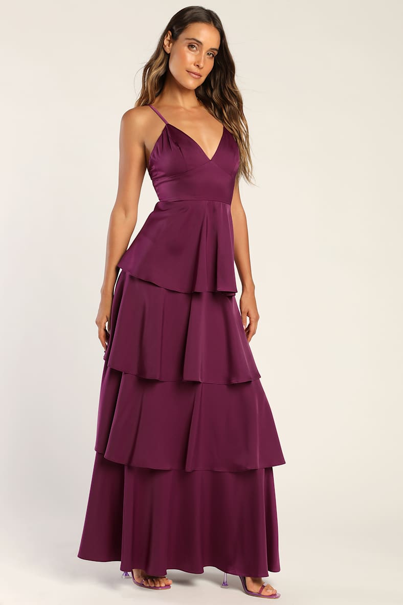 Going with Elegance Plum Purple Satin Tiered Maxi Dress