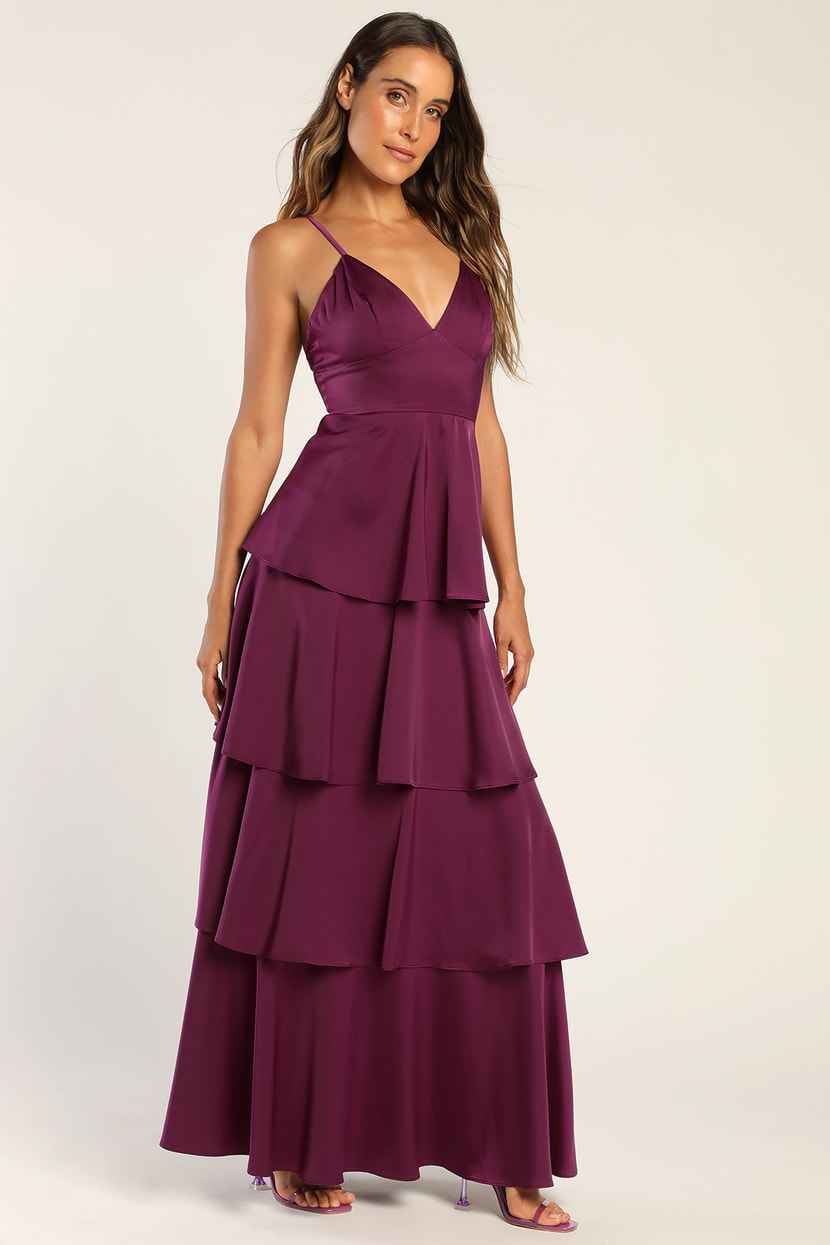 Going with Elegance Plum Purple Satin Tiered Maxi Dress