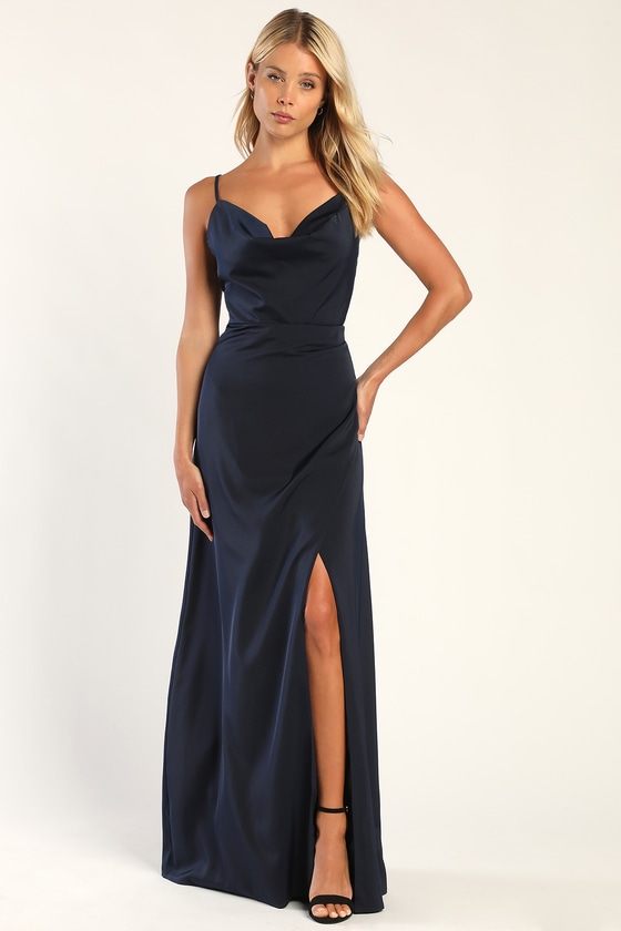 Blue Satin Maxi Dress - Blue Bridesmaid Dress - Cowl Neck Dress - Lulus