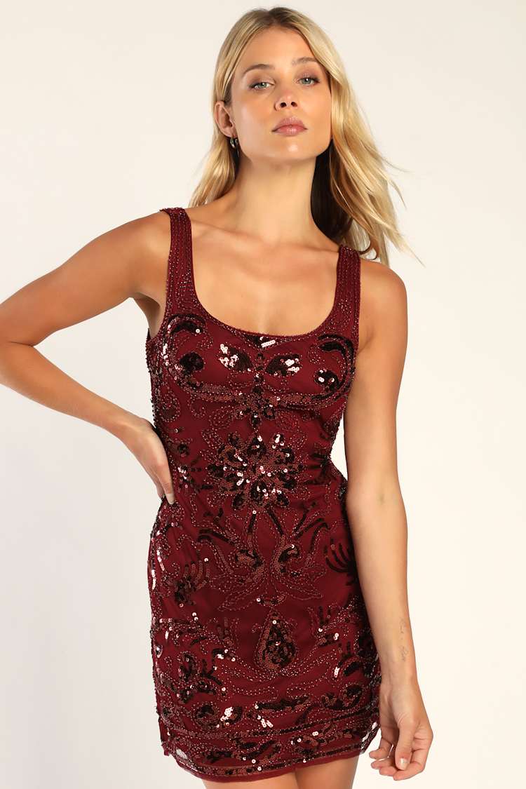 Burgundy Beaded Dress - Sequin Dress - Mini Bodycon Dress - Lulus