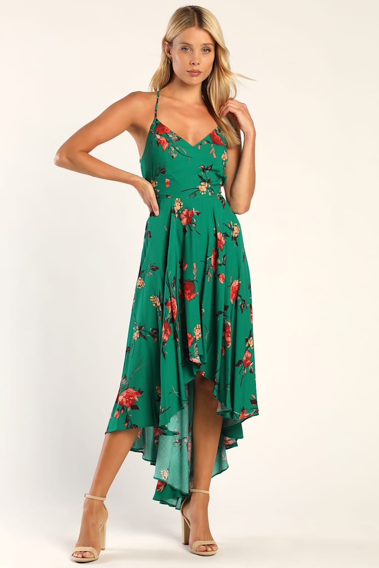 green emerald velvet dress Green Tulle Floral High Low Prom Dresses, Green Tulle Floral High Low  Formal Evening Dresses main image 0