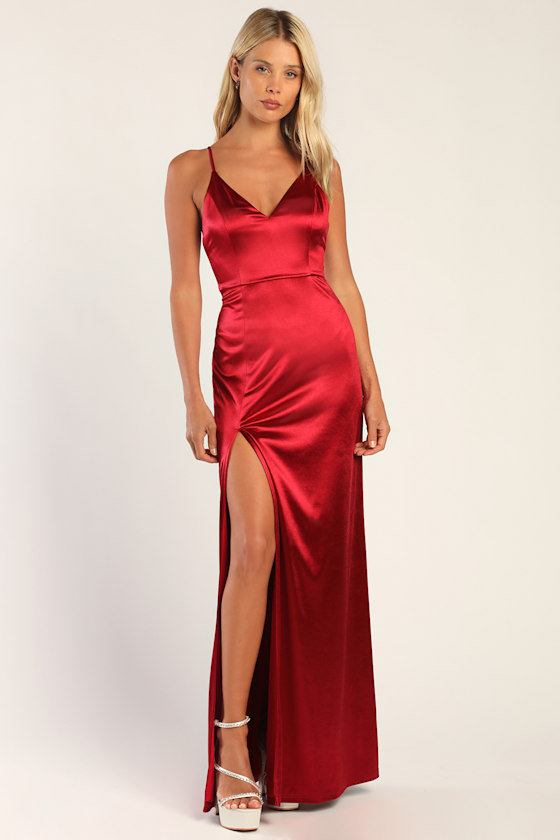 Sultry Sophistication Red Satin Backless Maxi Dress 1