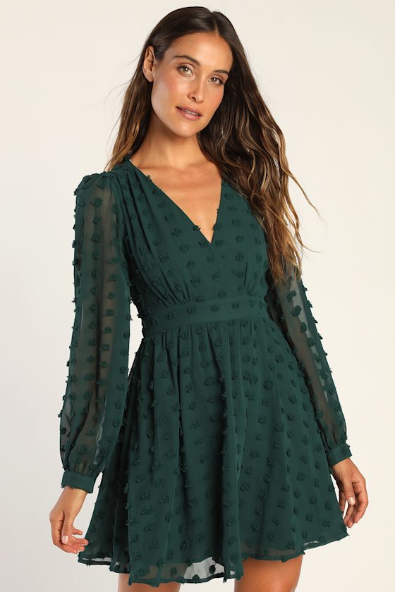 Always on Repeat Emerald Green Clip Dot Long Sleeve Mini Dress 5