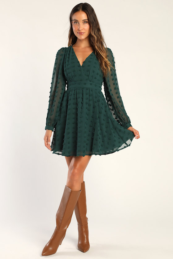Always on Repeat Emerald Green Clip Dot Long Sleeve Mini Dress 4
