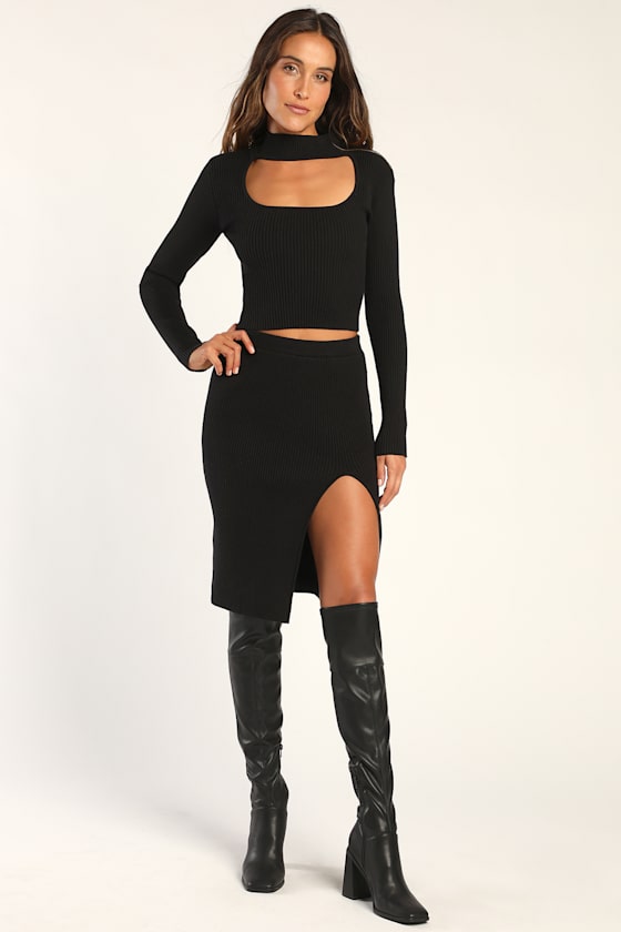Black TwoPiece Midi Dress Long Sleeve Dress Bodycon 2 Piece Lulus