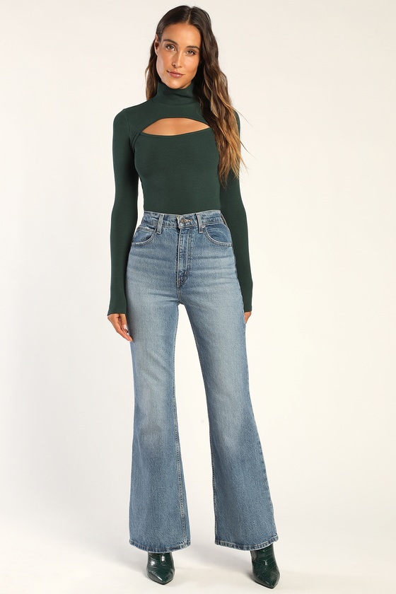 Forest Green Ribbed Knit Top - Long Sleeve Top - Cutout Top