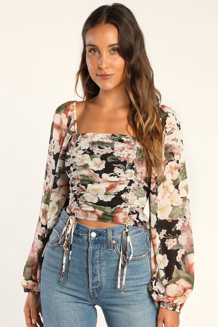 Capture the Moment Black Floral Ruched Long Sleeve Crop Top