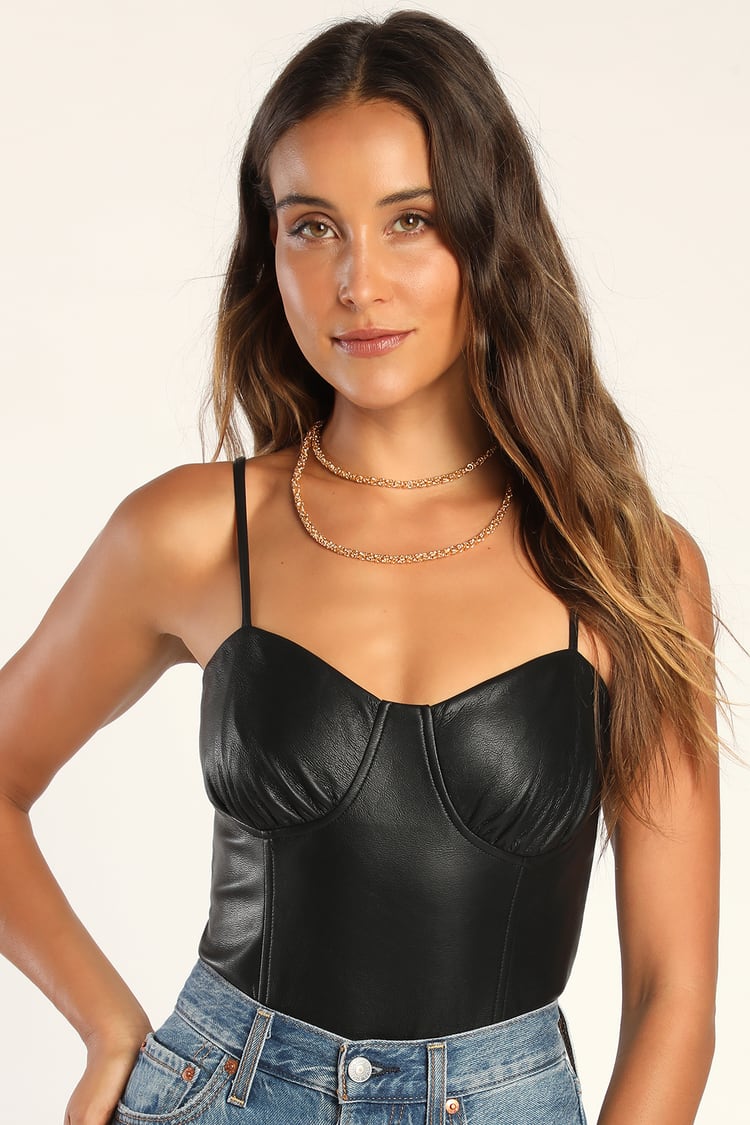 Brave Babe Black Vegan Leather Sleeveless Bustier Bodysuit