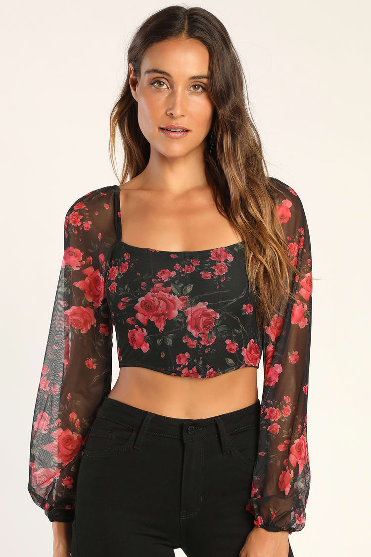 Daring Delight Black Mesh Floral Long Sleeve Bustier Crop Top