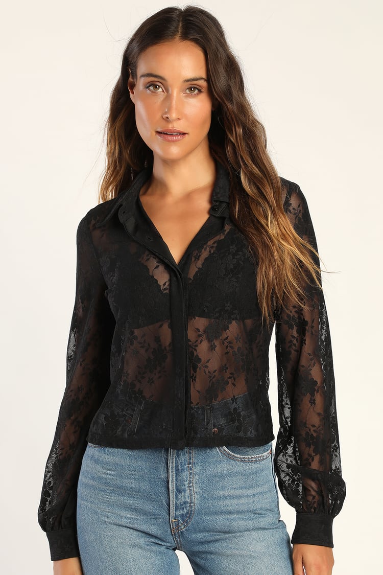 Perfectly Sheer Black Lace Sheer Button-Up Long Sleeve Top