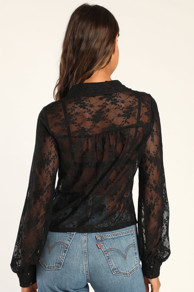 Cute Black Lace Top - Sheer Top - Long Sleeve Top - Button-Up Top - Lulus