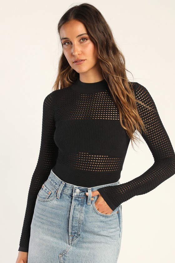Lulus New Days Black Open Knit Mock Neck Sweater Top | ModeSens