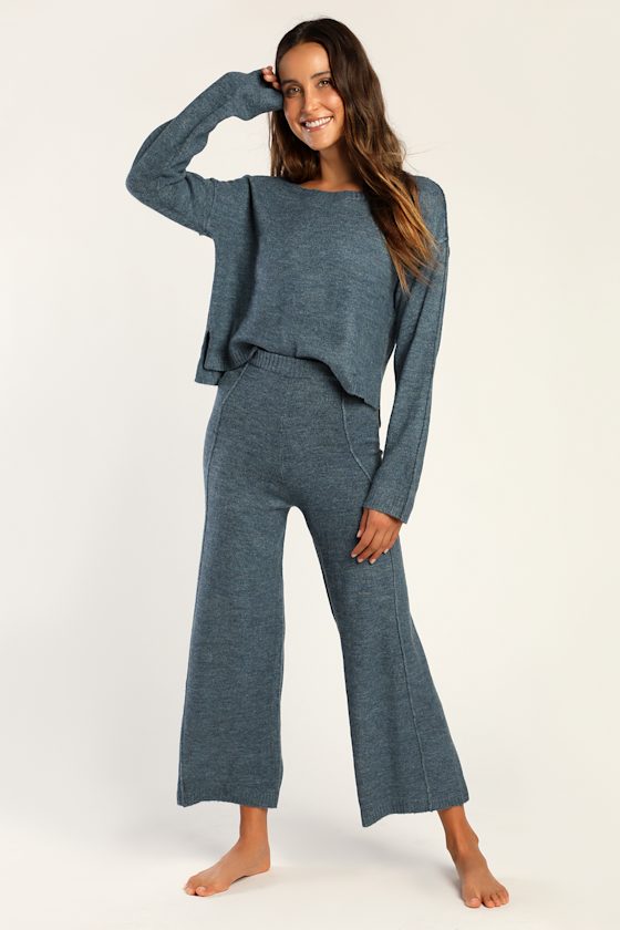 Home With You Denim Blue Knit Cropped Wide-Leg Sweater Pants 2