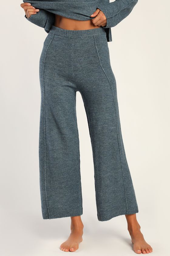 Home With You Denim Blue Knit Cropped Wide-Leg Sweater Pants 3