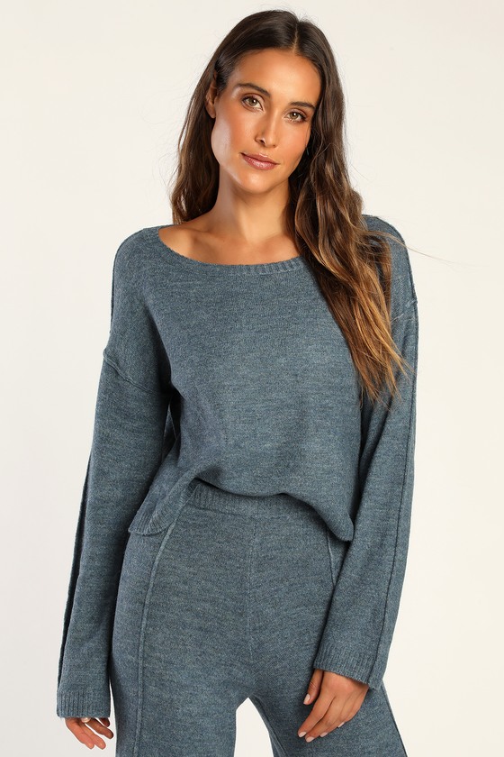 Lulus Home With You Denim Blue Knit Long Sleeve Sweater Top