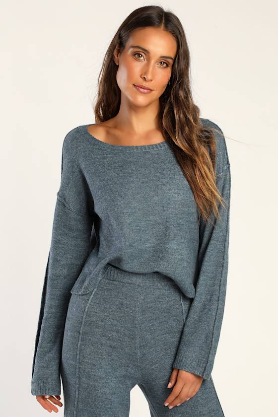 Home With You Denim Blue Knit Long Sleeve Sweater Top 3
