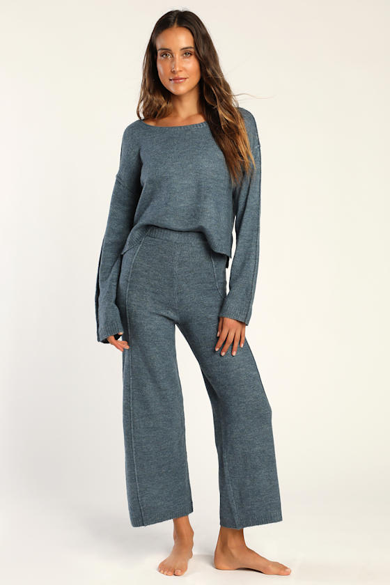 Home With You Denim Blue Knit Long Sleeve Sweater Top 2