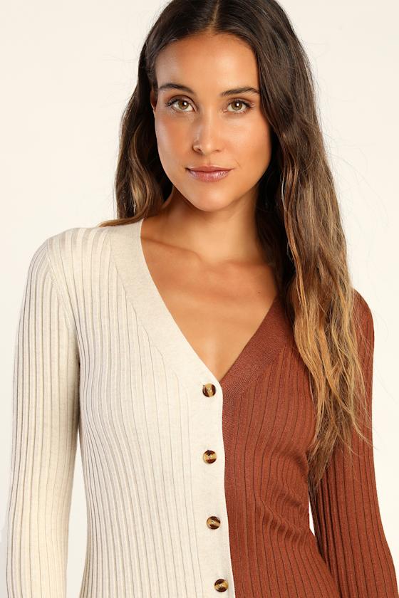 Charming Combo Cream and Brown Ribbed Button-Front Sweater Dress 2