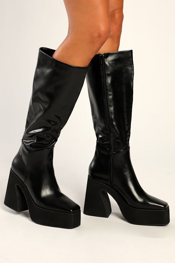Alesandra Black Square Toe Platform Knee-High Boots 1