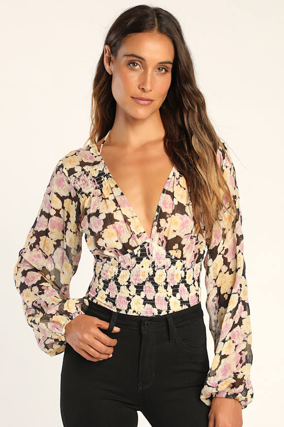 Black Floral Long Sleeve Top Smocked Top Chiffon Floral Top Lulus