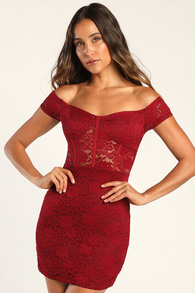 Flirty Thoughts Wine Red Lace Off-the-Shoulder Bodycon Dress